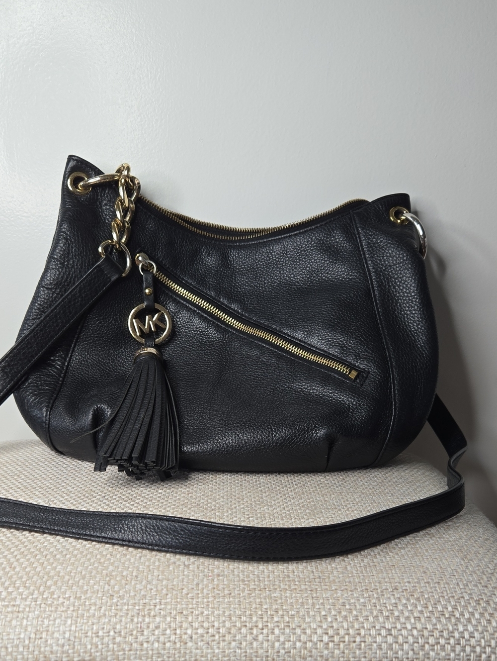 Michael Kors Black Leather Shoulder Bag with Tassel Charm